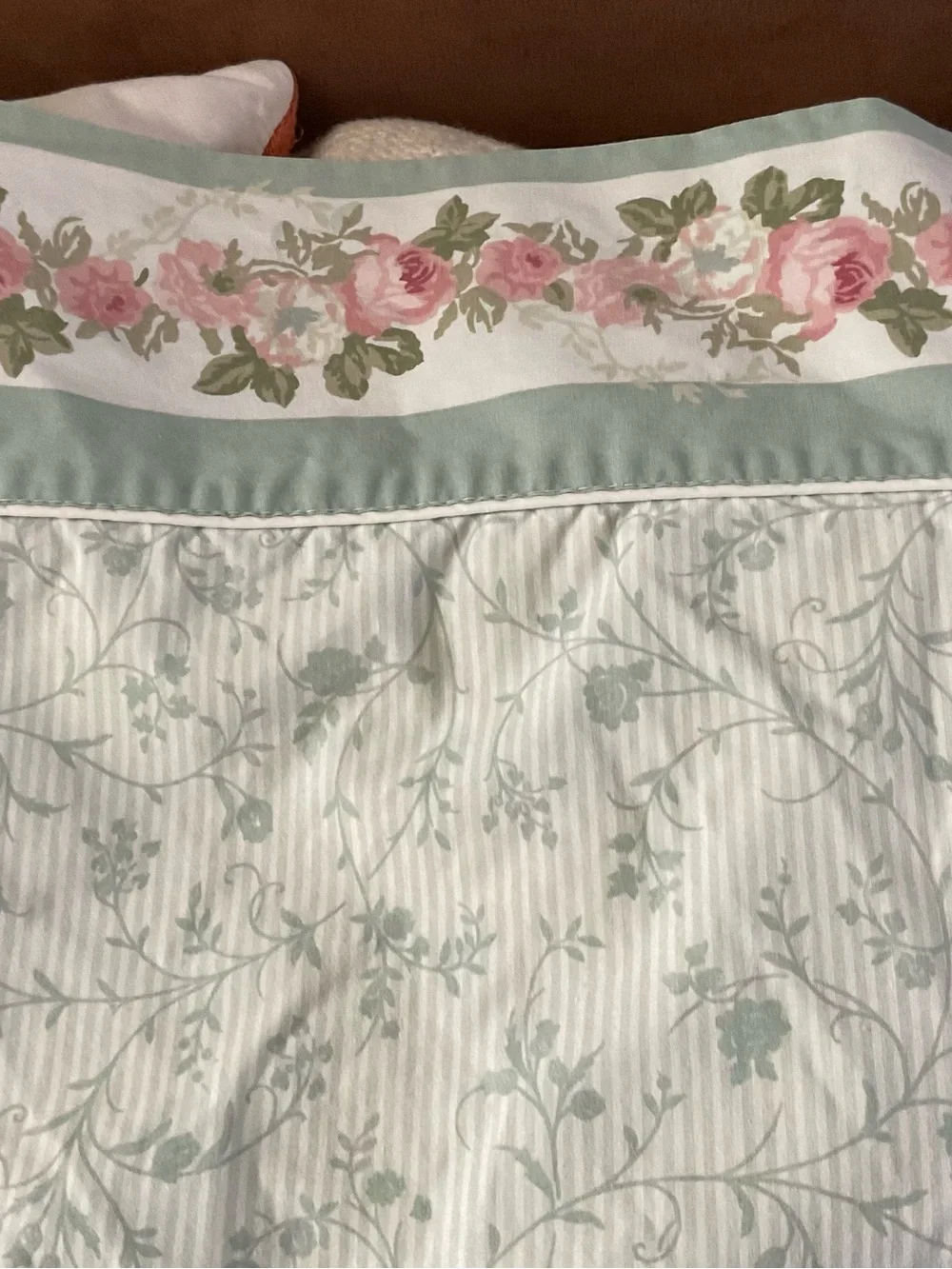 Laura Ashley Cottage Rose Floral W/Green Stripes Twin Sheet Set 4PCS-Vintage USA